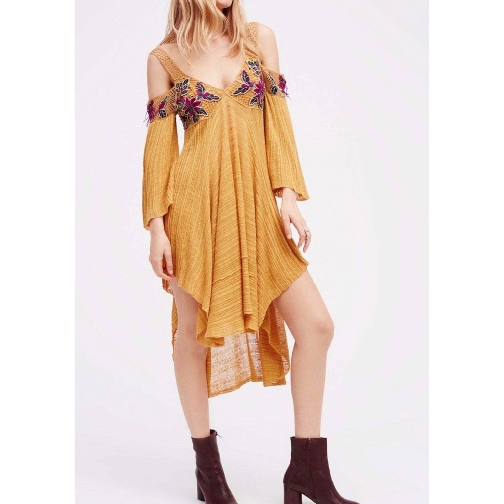 Free People Intimately Gold Orange Embroidered linen boho whimsi floral dainty S